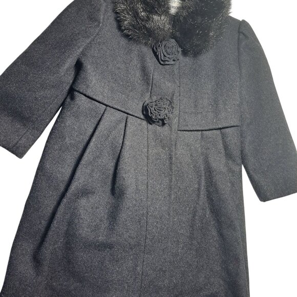 Rothschild Girls 2T Gray Wool Coat Faux Fur Collar & Rosette Buttons Vintage - Picture 1 of 10